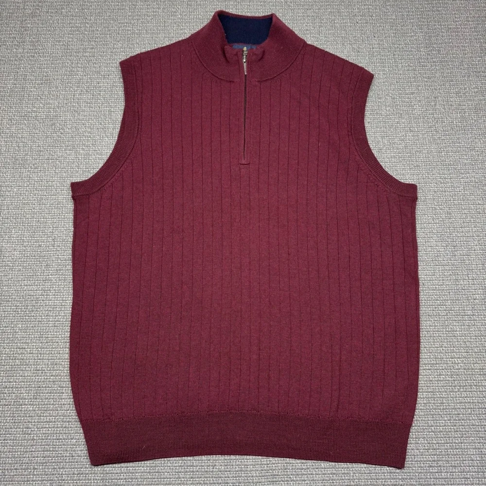 Brooks Brothers Mens Burgundy 100% Merino Wool Ribbed Quarter Zip Sweater Vest L
